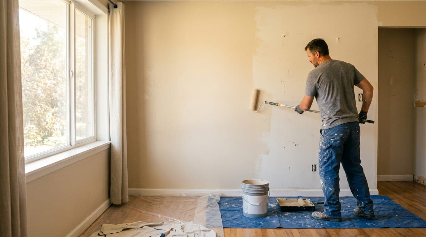 A painter applies fresh paint to an interior wall in a bright, naturally lit room.
